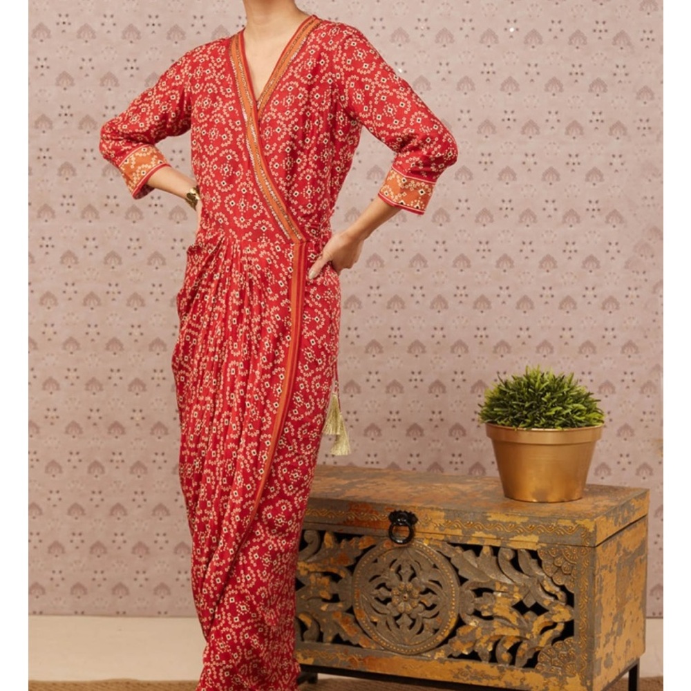 Red bandhej printed overlap drape dress